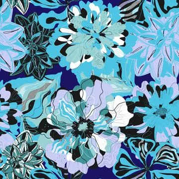 Stylized seamless pattern with tropical flowers and leaves. Rich texture and  Stock Illustration