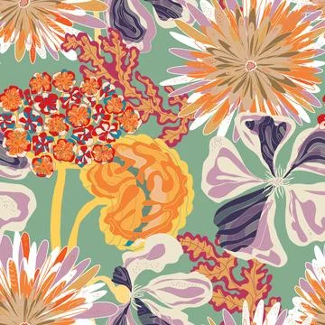 Stylized seamless pattern with tropical flowers and leaves. Rich texture and  Illustration
