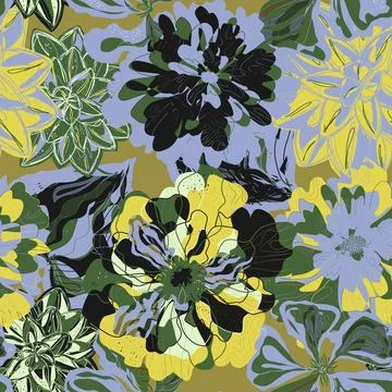 Stylized seamless pattern with tropical flowers and leaves. Rich texture and  Stock-Illustration