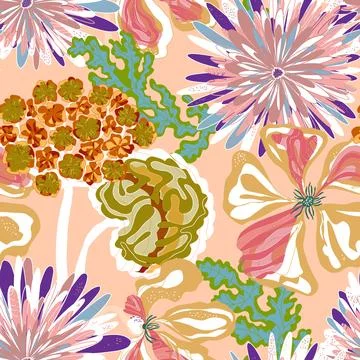 Stylized seamless pattern with tropical flowers and leaves. Rich texture and  스톡 일러스트