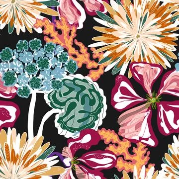 Stylized seamless pattern with tropical flowers and leaves. Rich texture and  Stock Illustration