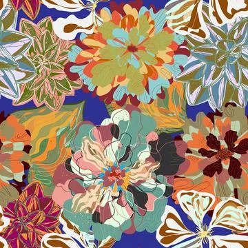 Stylized seamless pattern with tropical flowers and leaves. Rich texture and  Stock-Illustration