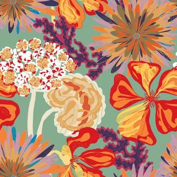 Stylized seamless pattern with tropical flowers and leaves. Rich texture and  Illustration