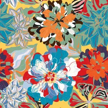 Stylized seamless pattern with tropical flowers and leaves. Rich texture and  イラスト素材