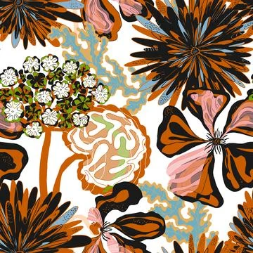 Stylized seamless pattern with tropical flowers and leaves. Rich texture and  イラスト素材