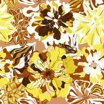 Stylized seamless pattern with tropical flowers and leaves. Rich texture and  イラスト素材