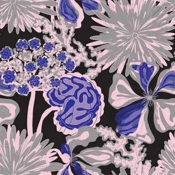 Stylized seamless pattern with tropical flowers and leaves. Rich texture and  스톡 일러스트
