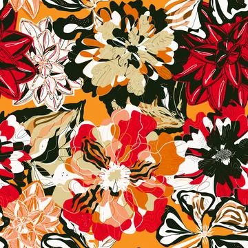 Stylized seamless pattern with tropical flowers and leaves. Rich texture and  스톡 일러스트