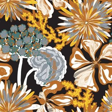 Stylized seamless pattern with tropical flowers and leaves. Rich texture and  イラスト素材