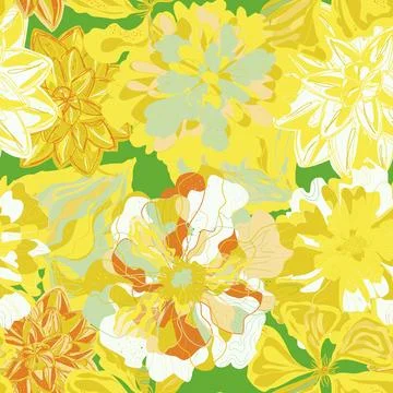 Stylized seamless pattern with tropical flowers and leaves. Rich texture and  Stock-Illustration