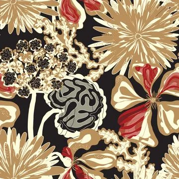 Stylized seamless pattern with tropical flowers and leaves. Rich texture and  Illustration