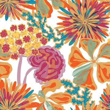 Stylized seamless pattern with tropical flowers and leaves. Rich texture and  Stock-Illustration