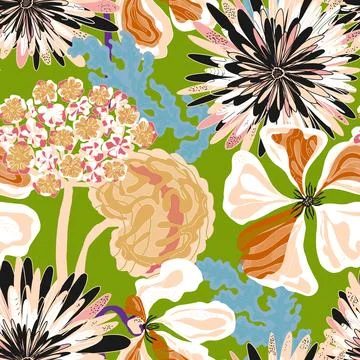 Stylized seamless pattern with tropical flowers and leaves. Rich texture and  스톡 일러스트