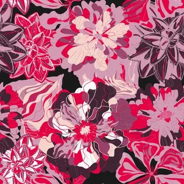 Stylized seamless pattern with tropical flowers and leaves. Rich texture and  스톡 일러스트