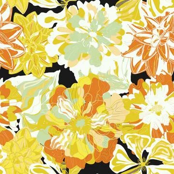 Stylized seamless pattern with tropical flowers and leaves. Rich texture and  イラスト素材