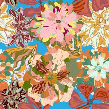 Stylized seamless pattern with tropical flowers and leaves. Rich texture and  库存插图