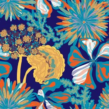 Stylized seamless pattern with tropical flowers and leaves. Rich texture and  스톡 일러스트