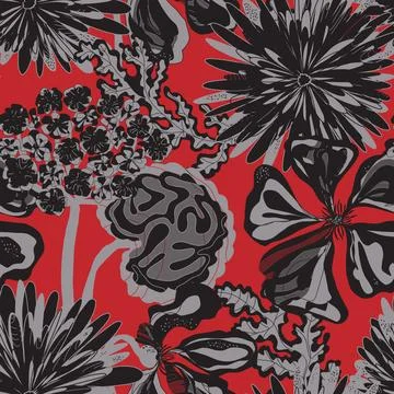 Stylized seamless pattern with tropical flowers and leaves. Rich texture and  Stock-Illustration
