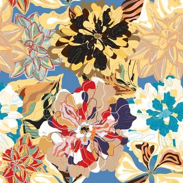 Stylized seamless pattern with tropical flowers and leaves. Rich texture and  イラスト素材