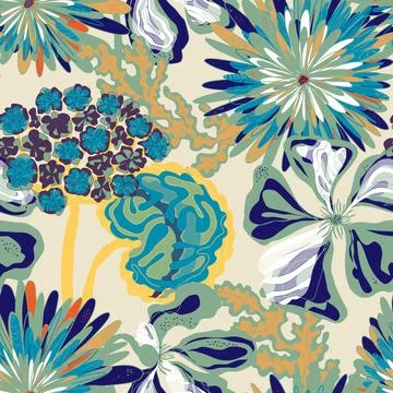 Stylized seamless pattern with tropical flowers and leaves. Rich texture and  스톡 일러스트