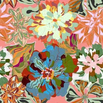 Stylized seamless pattern with tropical flowers and leaves. Rich texture and  イラスト素材