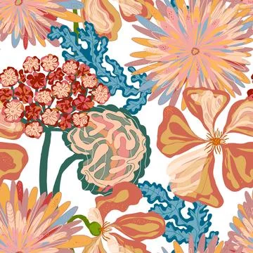 Stylized seamless pattern with tropical flowers and leaves. Rich texture and  Stock-Illustration