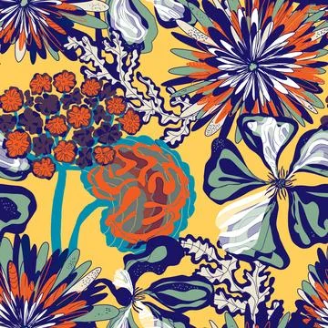 Stylized seamless pattern with tropical flowers and leaves. Rich texture and  스톡 일러스트