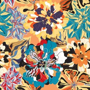 Stylized seamless pattern with tropical flowers and leaves. Rich texture and  Stock Illustration