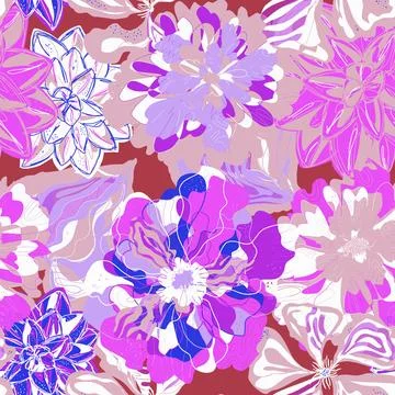 Stylized seamless pattern with tropical flowers and leaves. Rich texture and  Stock-Illustration