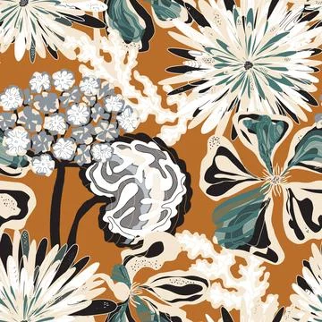 Stylized seamless pattern with tropical flowers and leaves. Rich texture and  Stockillustratie