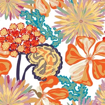 Stylized seamless pattern with tropical flowers and leaves. Rich texture and  Stock Illustration