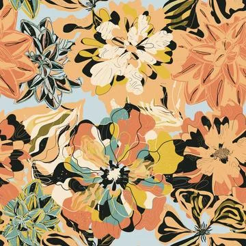 Stylized seamless pattern with tropical flowers and leaves. Rich texture and  イラスト素材