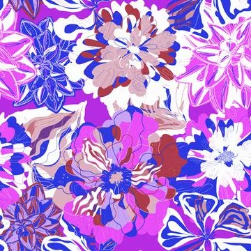 Stylized seamless pattern with tropical flowers and leaves. Rich texture and  イラスト素材