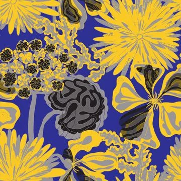 Stylized seamless pattern with tropical flowers and leaves. Rich texture and  Illustration