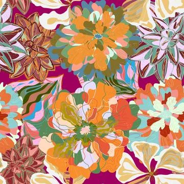 Stylized seamless pattern with tropical flowers and leaves. Rich texture and  Illustration