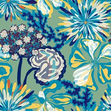 Stylized seamless pattern with tropical flowers and leaves. Rich texture and  Illustration
