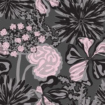 Stylized seamless pattern with tropical flowers and leaves. Rich texture and  Illustration