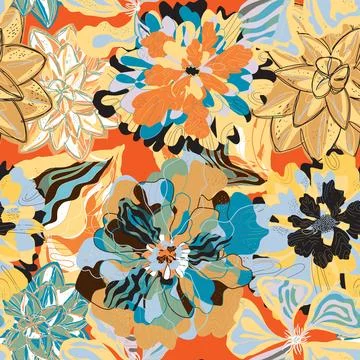 Stylized seamless pattern with tropical flowers and leaves. Rich texture and  Illustration