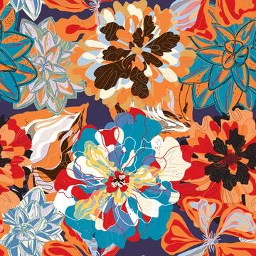 Stylized seamless pattern with tropical flowers and leaves. Rich texture and  Illustration