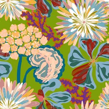 Stylized seamless pattern with tropical flowers and leaves. Rich texture and  Illustration