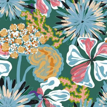 Stylized seamless pattern with tropical flowers and leaves. Rich texture and  Illustration