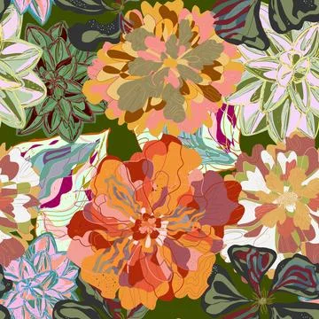 Stylized seamless pattern with tropical flowers and leaves. Rich texture and  Illustration