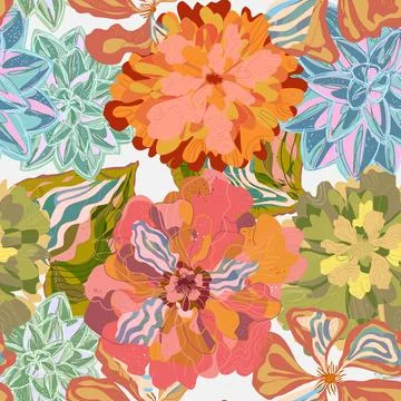 Stylized seamless pattern with tropical flowers and leaves. Rich texture and  Illustration