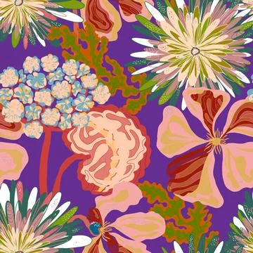 Stylized seamless pattern with tropical flowers and leaves. Rich texture and  Illustration