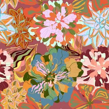 Stylized seamless pattern with tropical flowers and leaves. Rich texture and  스톡 일러스트