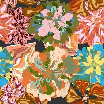 Stylized seamless pattern with tropical flowers and leaves. Rich texture and  Stock-Illustration