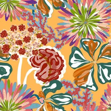 Stylized seamless pattern with tropical flowers and leaves. Rich texture and  Stock-Illustration