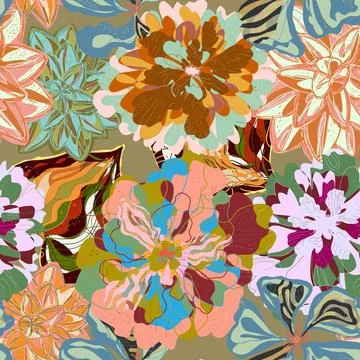 Stylized seamless pattern with tropical flowers and leaves. Rich texture and  イラスト素材