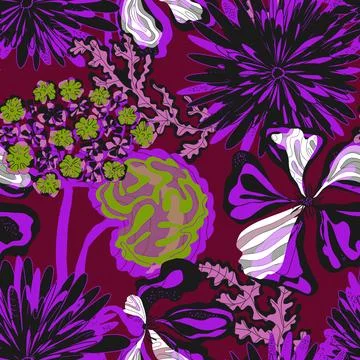 Stylized seamless pattern with tropical flowers and leaves. Rich texture and  Illustration