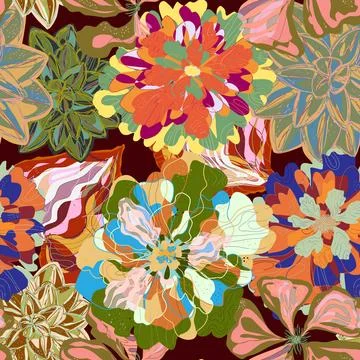 Stylized seamless pattern with tropical flowers and leaves. Rich texture and  Illustration